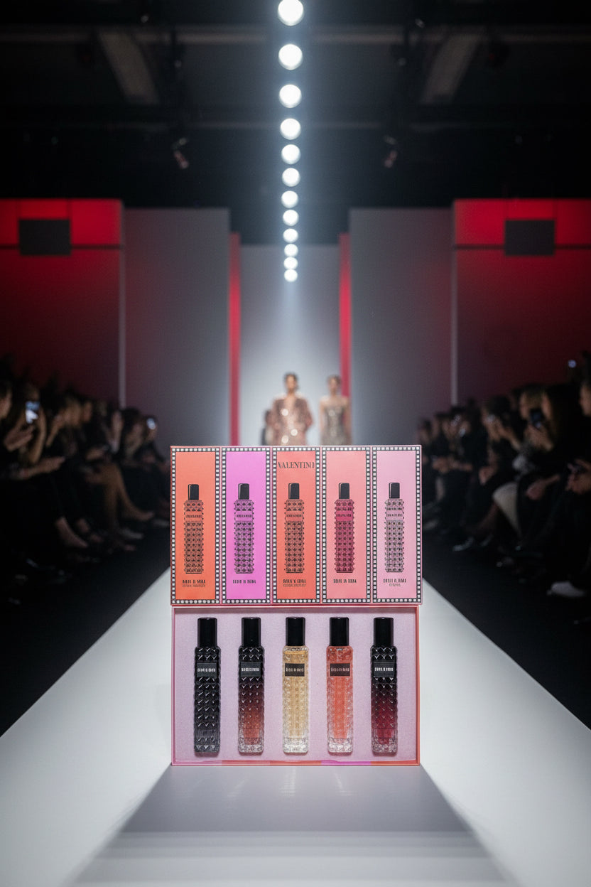 Valentino Born in Roma mini perfume set 5×15 ml with nozzle. Includes Miss Sunset, Miss Adventure, Roma original, Coral Fantasy, Intense. Great gift or travel size.